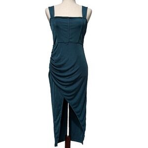 Cider Teal Blue Ruched Square Neck Midi Dress Size Medium Stretch Forest Fairy